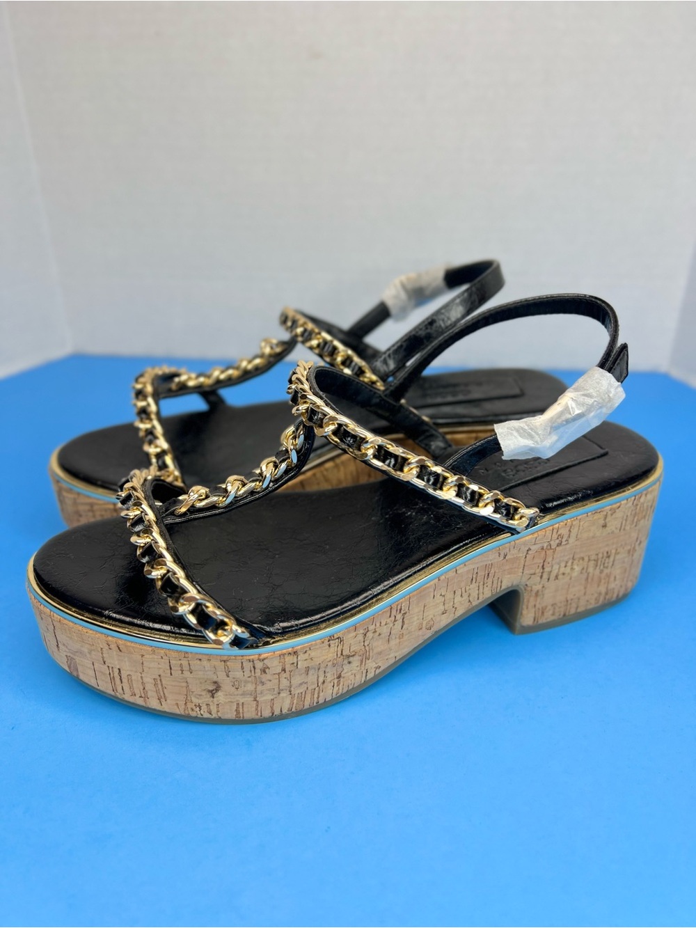 ASOS Design Womens Strappy Sandals Black/Gold Chain-Trim Block Heel 2.4” Sz 10M